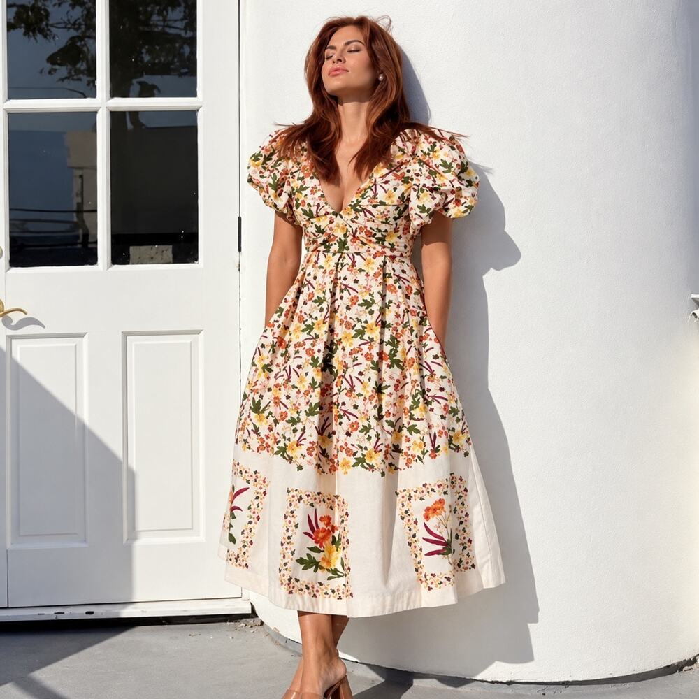 Agua by Agua Bendita Clementina Floral Cotton Midi Dress size Large